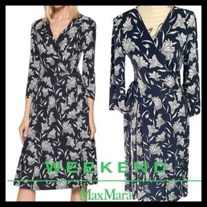 Weekend Max Mara Navy/White Floral Design 3/4 Sleeve Wrap Midi Dress (8)